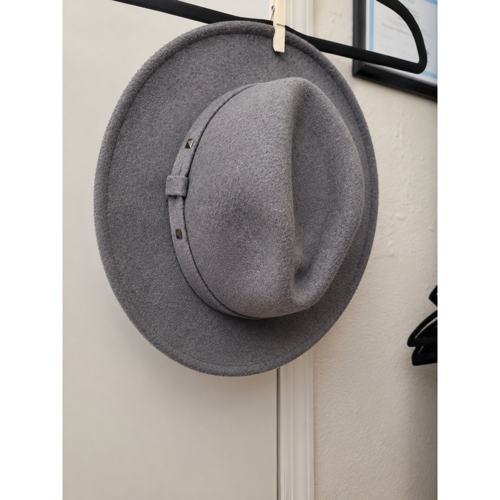 Gray Felt Fedora Hat with Studded Band Wide Brim Wool Blend Style Accessory